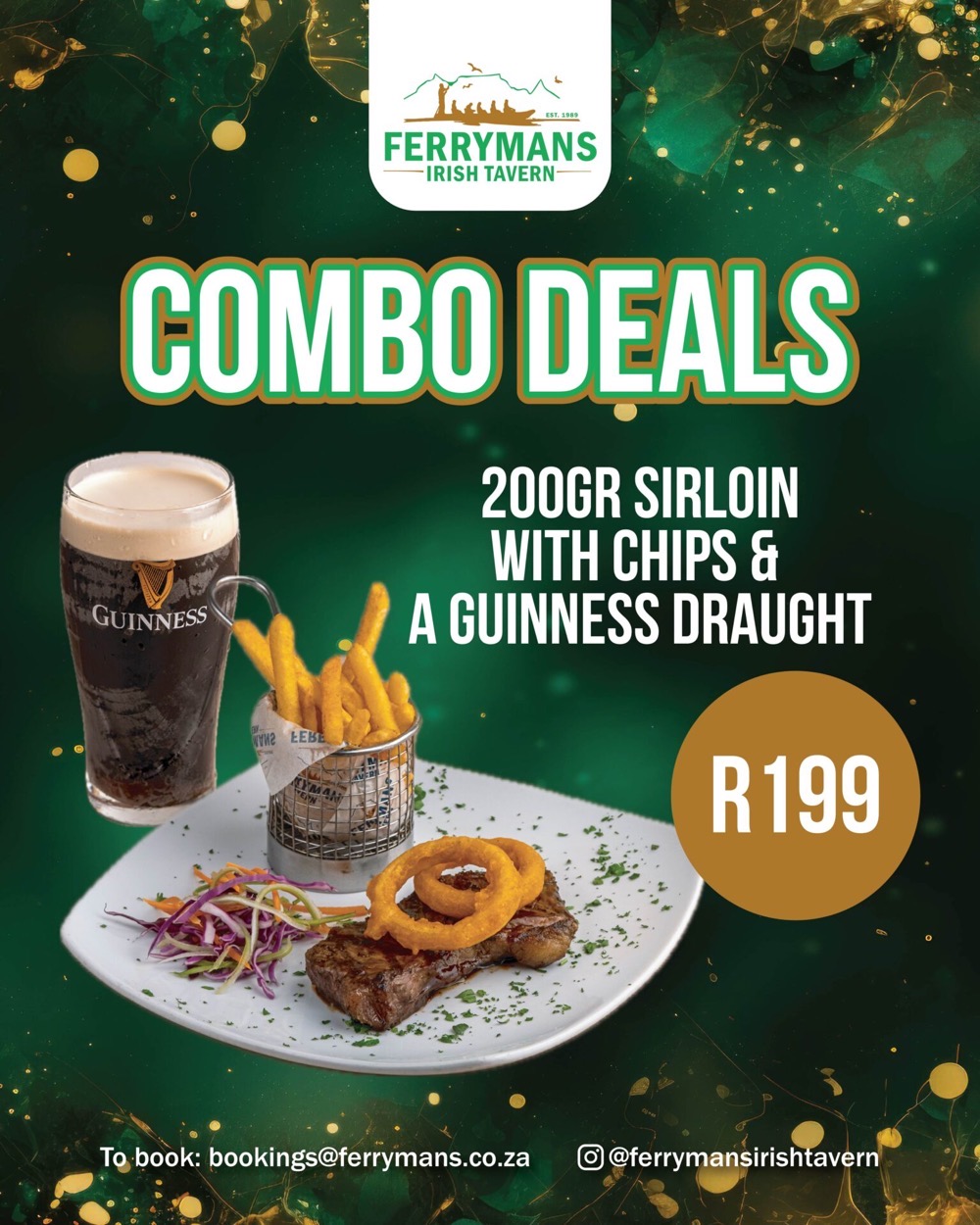 Combo deal poster — 200 g sirloin with chips and a Guinness draught, R199