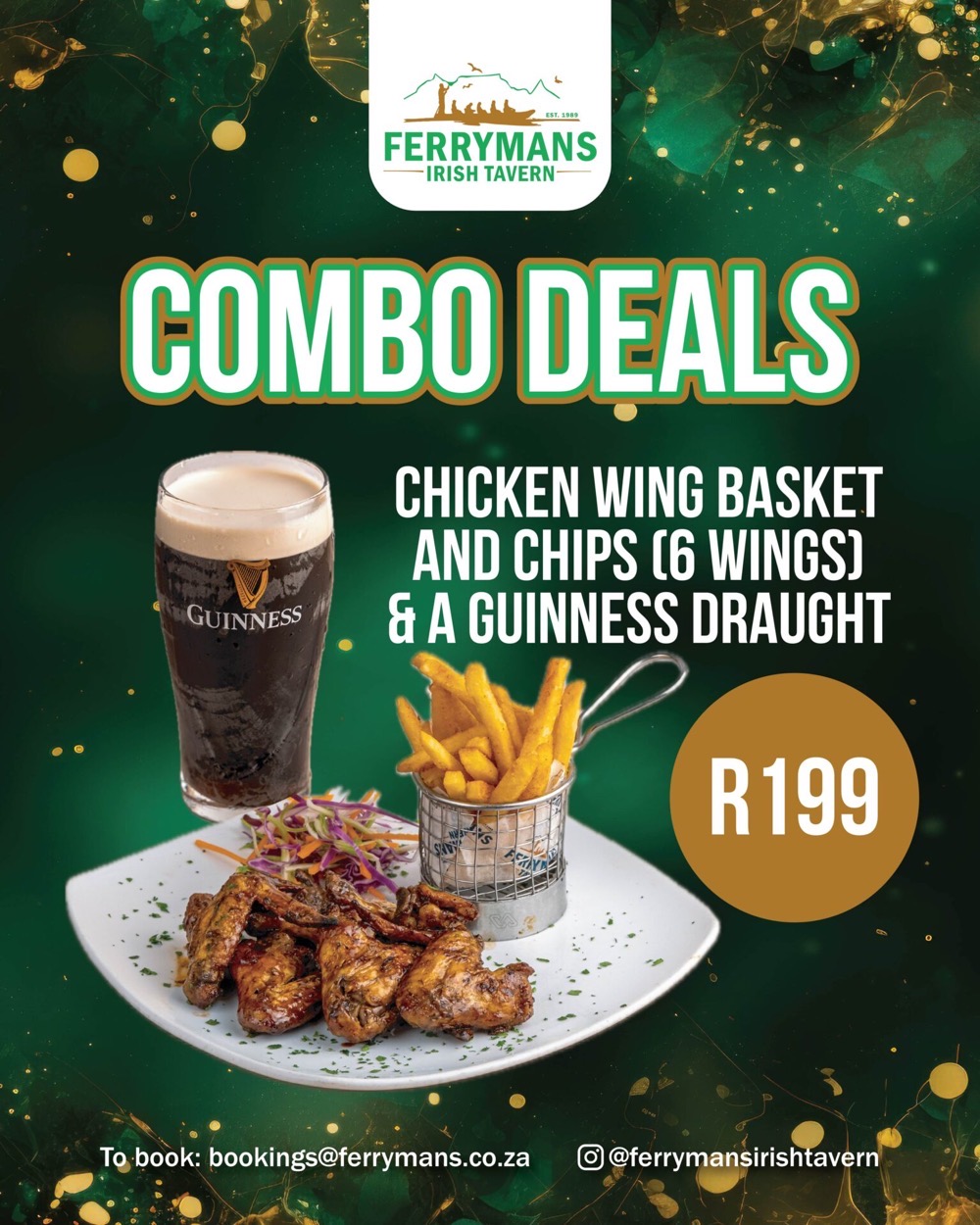 Combo deal poster — chicken wing basket and chips with a Guinness draught, R199